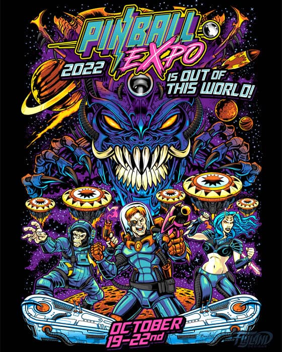 A Pinball Expo 2022 poster of a trio of space fighters (a girl, man, and chimp) working together to take down a pinball space alien.