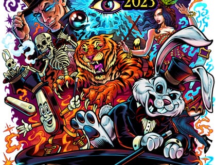 A Pinball Expo illustration of a pinball scene and a variety of magic show characters such as a ribbit in a hat, a wizard, a showgirl, an angry tiger, and a skeleton all being overlooked by a magic pyramid.