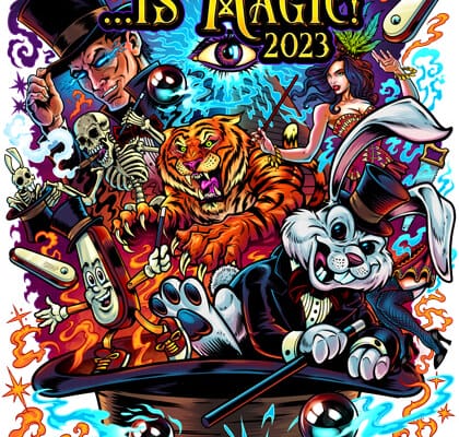 A Pinball Expo illustration of a pinball scene and a variety of magic show characters such as a ribbit in a hat, a wizard, a showgirl, an angry tiger, and a skeleton all being overlooked by a magic pyramid.