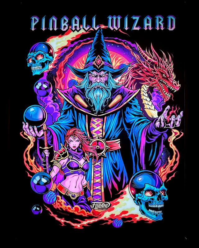 My Custom Illustration of  a Pinball WIzard with dragons and skulls looks great all  lit up in the new  LED Voodoo Frames