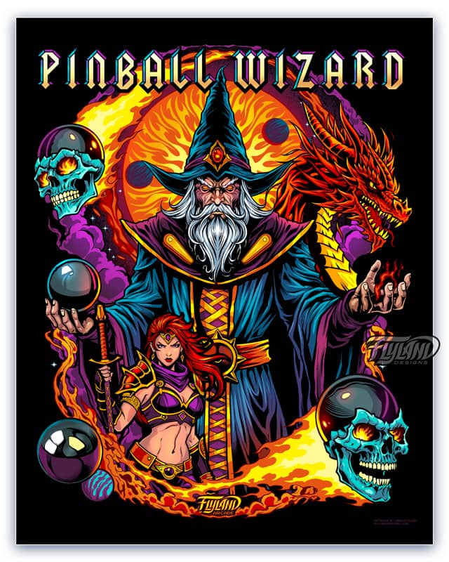A full color illustration of a pinball wizard, a dragon, a female fighter, flames, skulls, and pinballs.