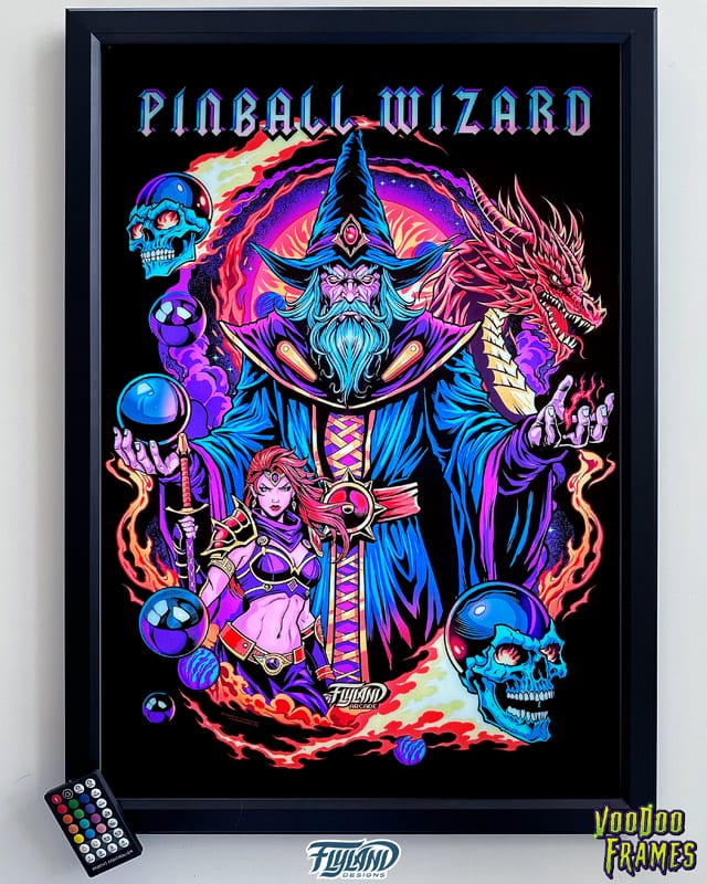 My Custom Illustration of  a Pinball WIzard with dragons and skulls looks great all  lit up in the new  LED Voodoo Frames