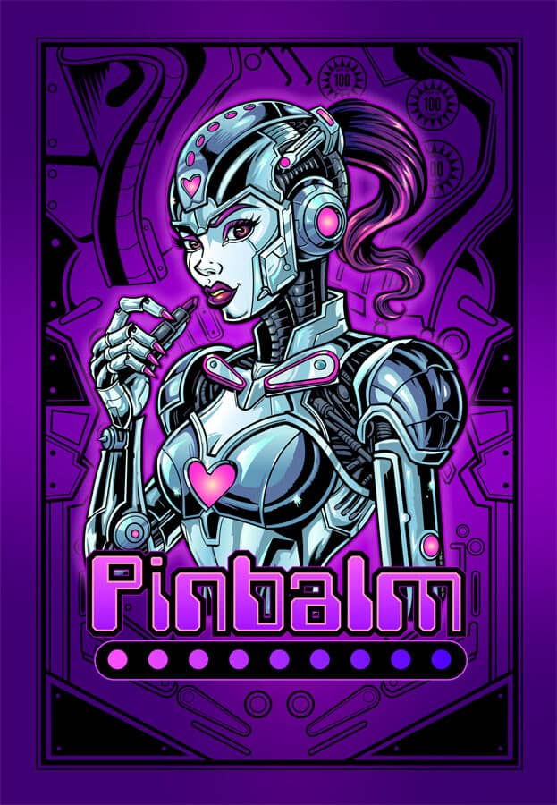 Character and logo design of a sexy female robot putting on lipstick for a cosmetic company called Pinbalm