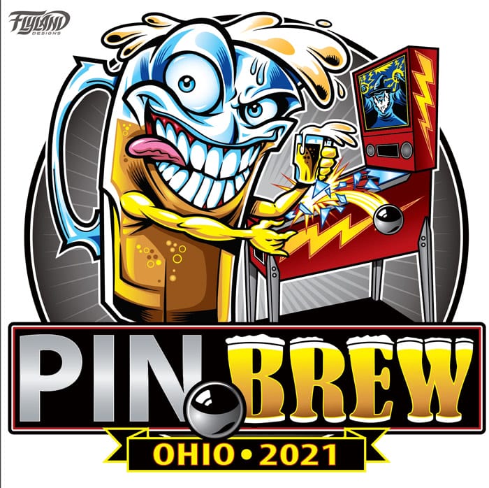 A designed that I created for Pinbrew Fest Ohio of an animated beer glass holding a beer while playing a red pinball machine with a lightning bolt on the side. 