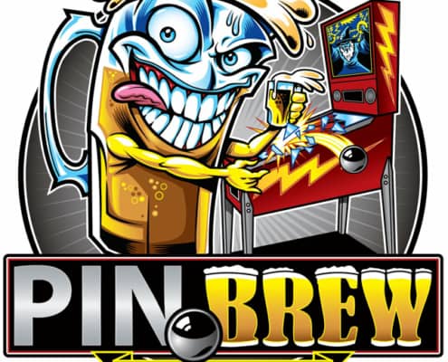 A designed that I created for Pinbrew 2021 in Ohio that features a glass of beer enjoying a game of pinball.