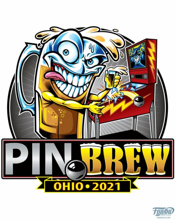 A designed that I created for Pinbrew 2021 in Ohio that features a glass of beer enjoying a game of pinball.