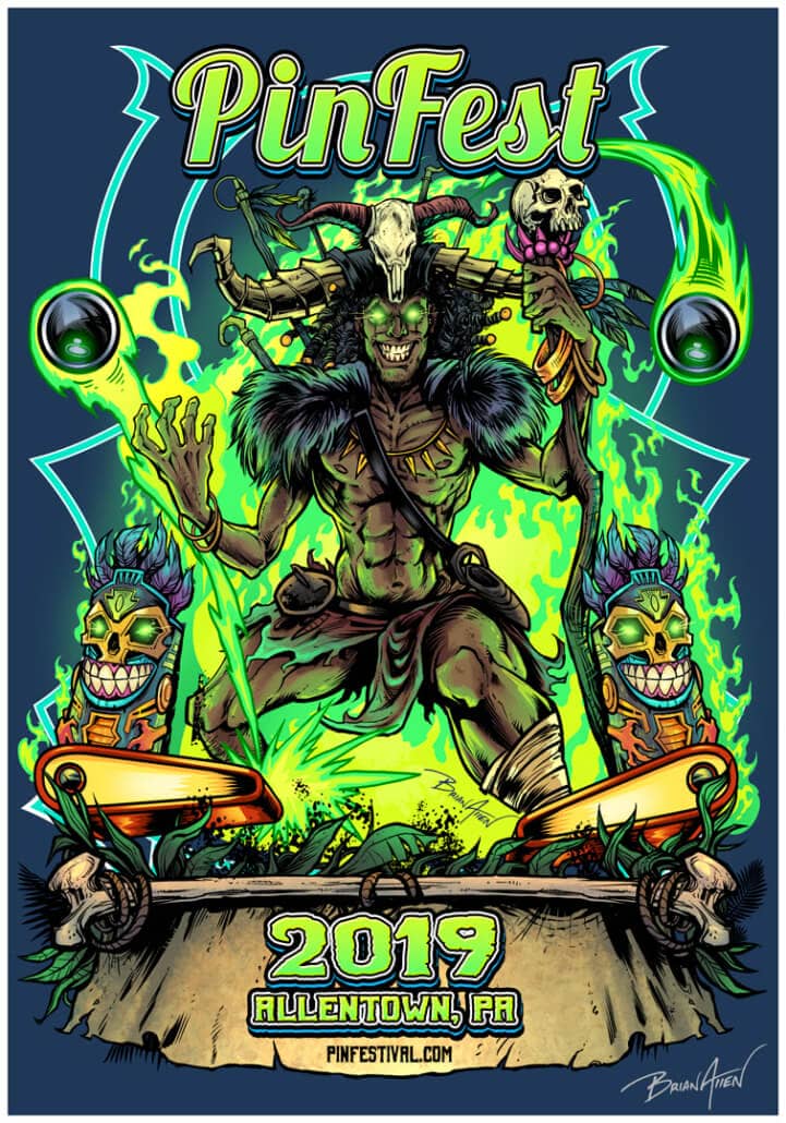 Poster for PinFest 2019 featuring a tiki witch doctor standing on top of a podium with two pinball paddles. He is holding a scepter with a skull in his hand and is surrounded by green fire.
Artwork by Brian Allen, Flyland Designs.