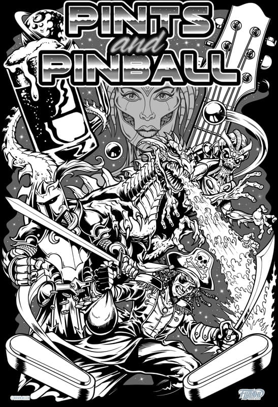 a fantasy themed pinball logo illustration for Pints and Pinball that features a knight, pirate, dragon, and aliens, while in the galaxy and surrounded by planets in a pinball machine.