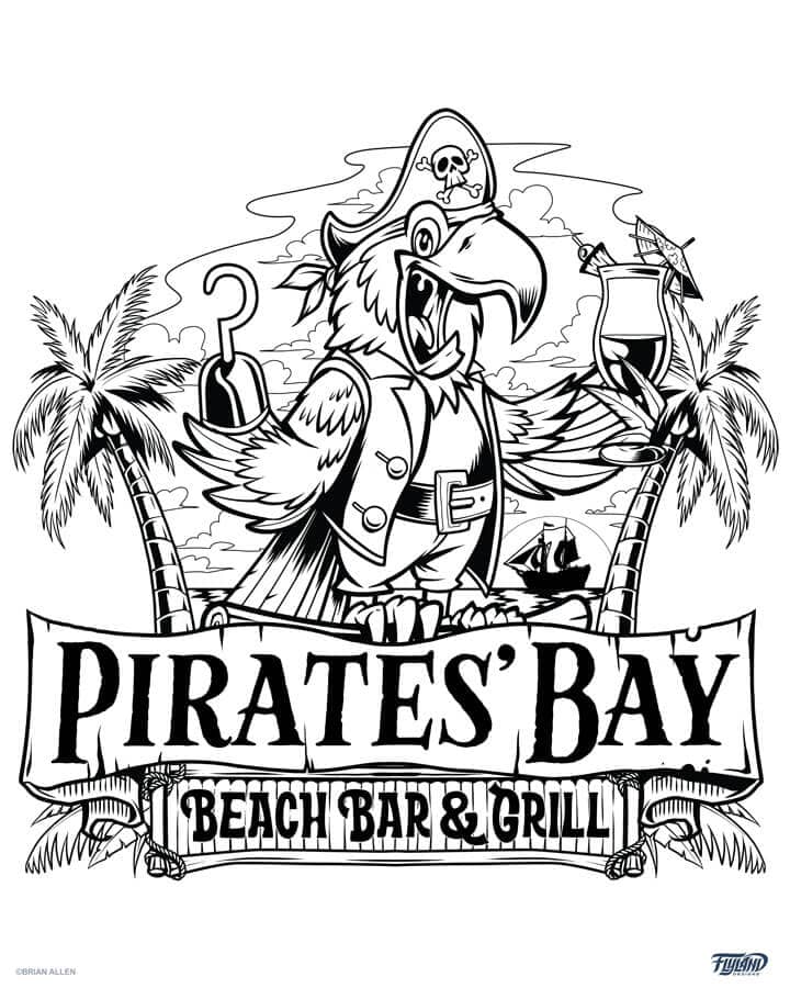 A black and white logo illustration of a pirate parrot holding a drink for Pirates' Bay Beach Bar & Grill, drawn by artist Brian Allen