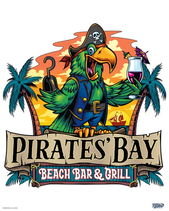 A logo illustration of a pirate parrot holding a drink for Pirates' Bay Beach Bar & Grill, drawn by artist Brian Allen