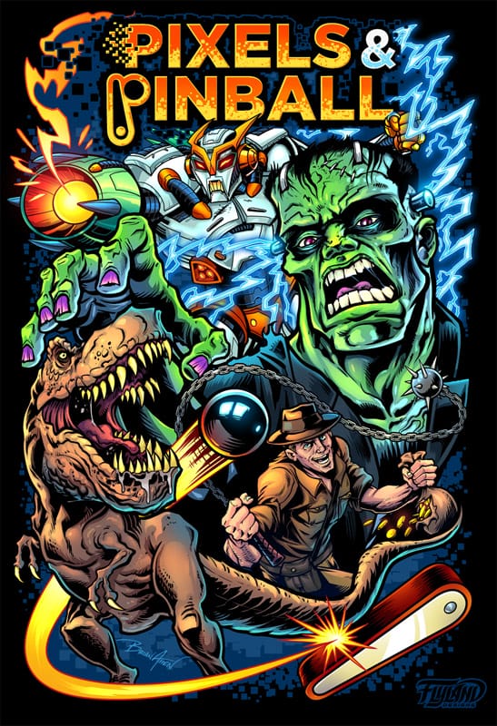 A design that I created for Pixels and pinballs that shows Indiana Jones, Frankenstein, a t-rex, and a robot all seemingly trapped in a pinball machine.