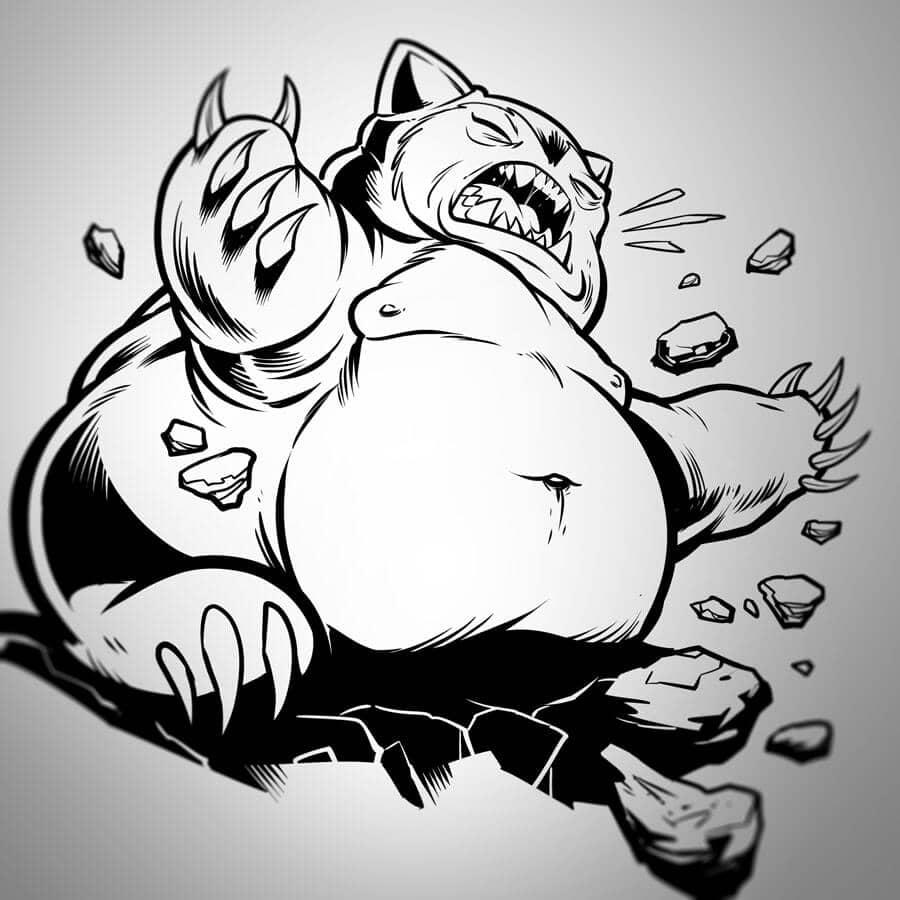 Illustration of Pikachu, Balbasaur, Eevee, Charmander, Snorlax, Squirtle, and Ash from Pokemon drawn by Brian Allen for an Art Print