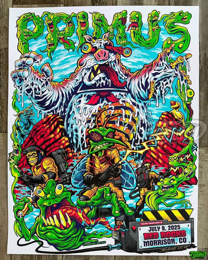 Primus poster illustration parody of Skeeter the mosquito and other Primus characters drawn as a characters from the Ghostbusters fighting a marshmallow man at Red Rocks for their show in Morrison Colorado 2025