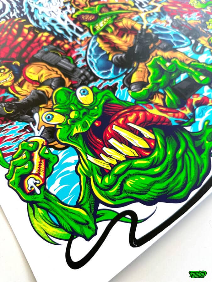 Primus poster illustration parody of Skeeter the mosquito and other Primus characters drawn as a characters from the Ghostbusters fighting a marshmallow man at Red Rocks for their show in Morrison Colorado 2025