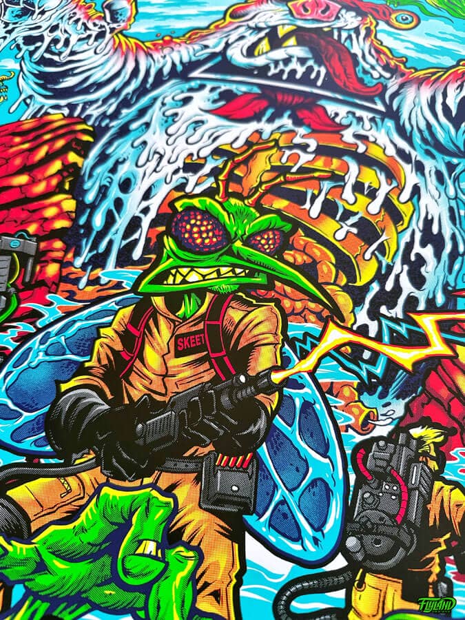 Primus poster illustration parody of Skeeter the mosquito and other Primus characters drawn as a characters from the Ghostbusters fighting a marshmallow man at Red Rocks for their show in Morrison Colorado 2025