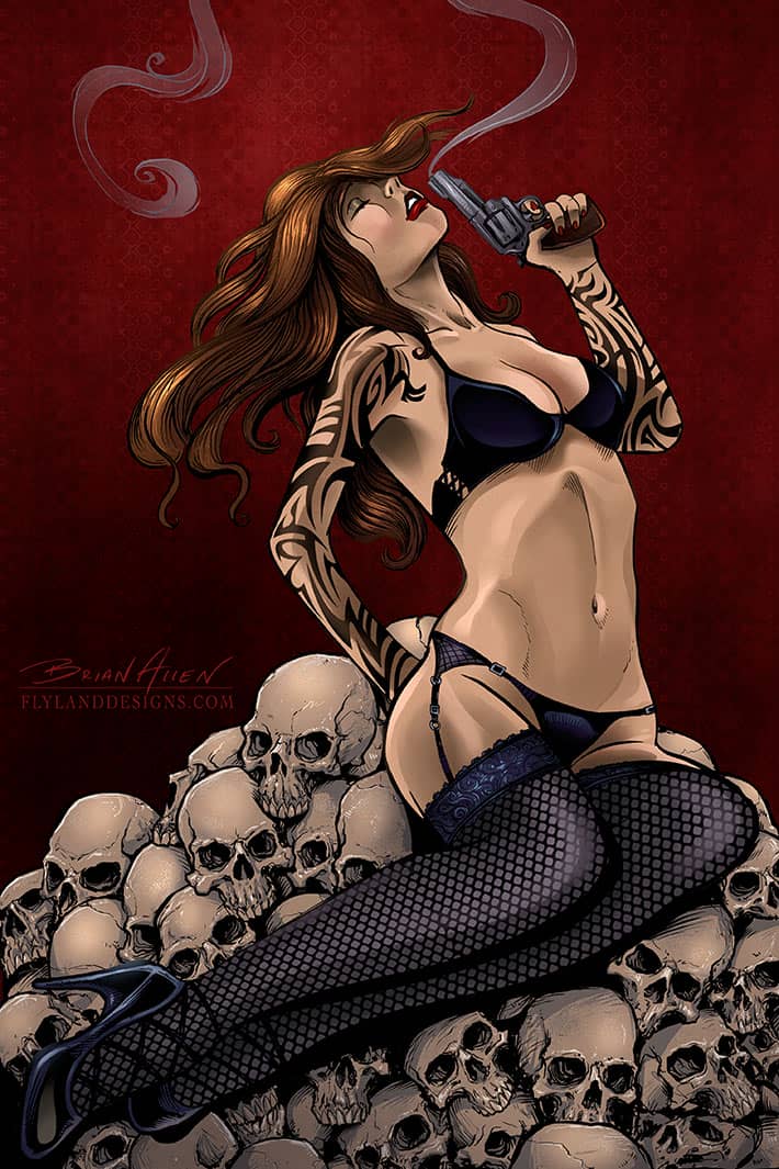 Illustration of a tattooed girl sitting on a pile of skulls holding a gun