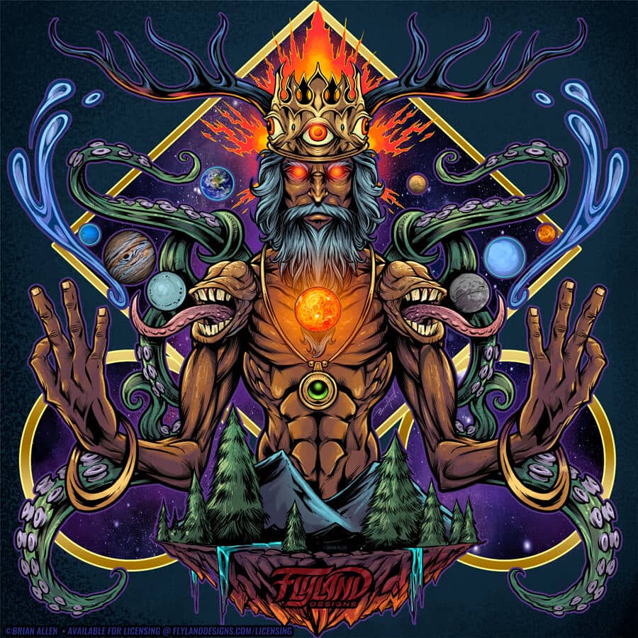 Psychedelic Meditating Mystic wizard design with tentacles in space