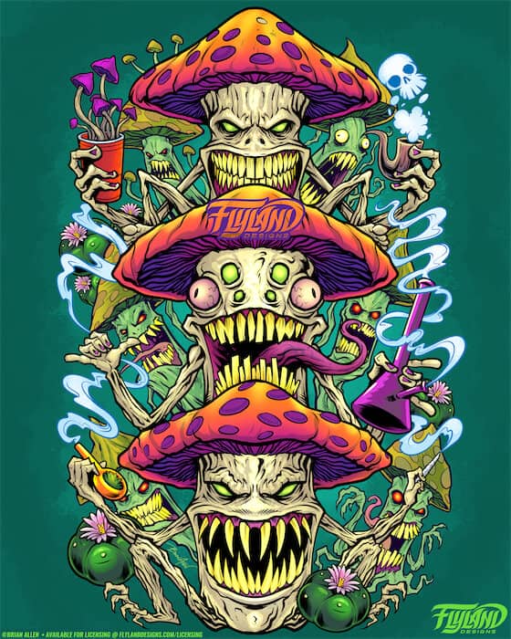 Three personified mushrooms with bright orange caps and purple spots are holding bongs, bowls, pipes, and blunts in front of teal background