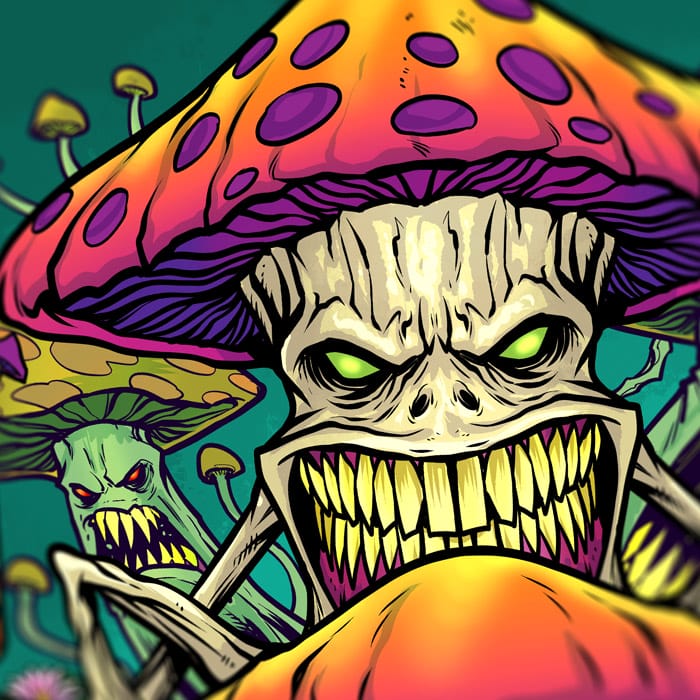 A brightly colored illustration of a mushroom tiki totem with 3 evil mushrooms surrounded with smoke, marijuana, and other plants