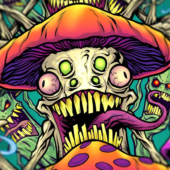 A brightly colored illustration of a mushroom tiki totem with 3 evil mushrooms surrounded with smoke, marijuana, and other plants