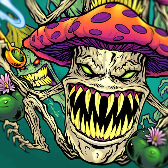 close up of Three personified mushrooms with bright orange caps and purple spots are holding bongs, bowls, pipes, and blunts in front of  teal background 