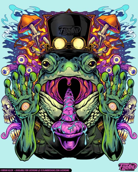 A psychedelic frog in a top hat prepares to eat a fly, illustration by Brian Allen