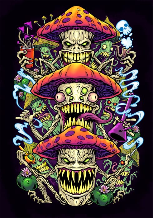 A brightly colored illustration of a mushroom tiki totem with 3 evil mushrooms surrounded with smoke, marijuana, and other plants