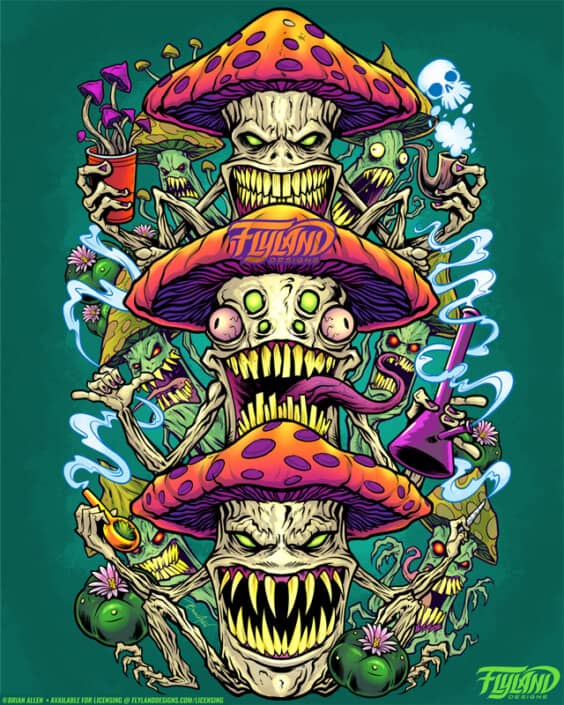 Three personified mushrooms with bright orange caps and purple spots are holding bongs, bowls, pipes, and blunts in front of  teal background