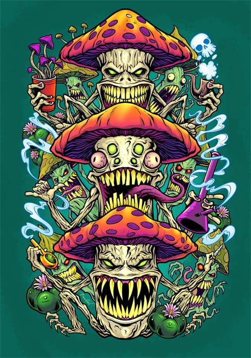 A brightly colored illustration of a mushroom tiki totem with 3 evil mushrooms surrounded with smoke, marijuana, and other plants