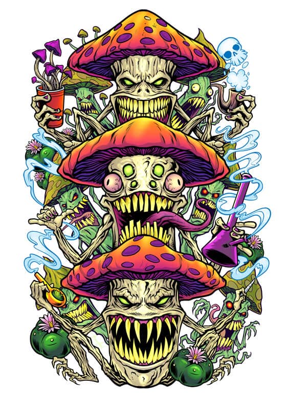 Rolling tray design featuring monstrous mushrooms smoking marijuana, drawn by artist Brian Allen