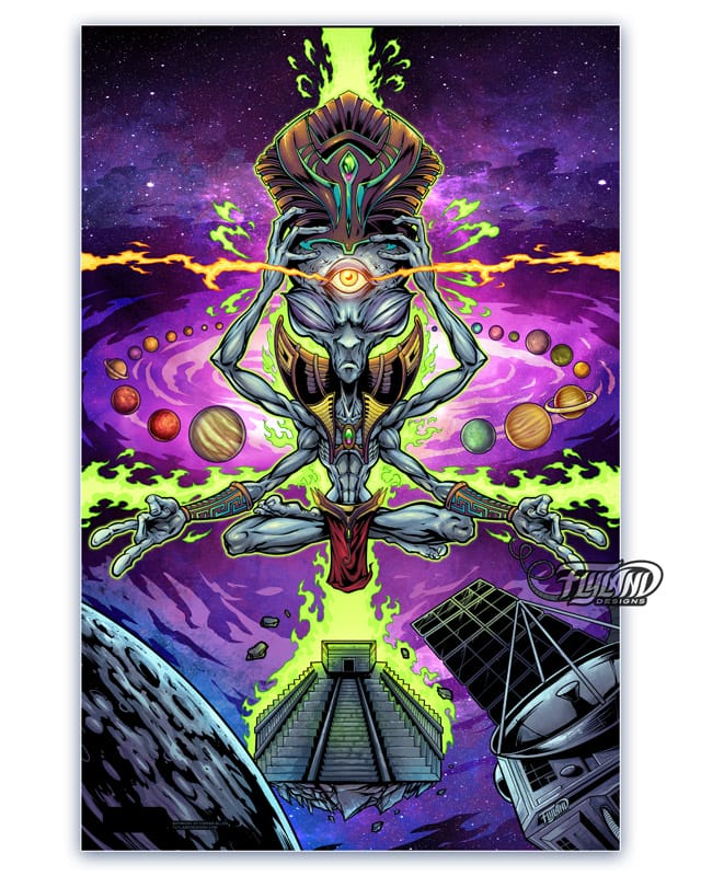 Psychedelic imagery of a gray space alien meditating amongst spaceships, planets, stars and galaxies.