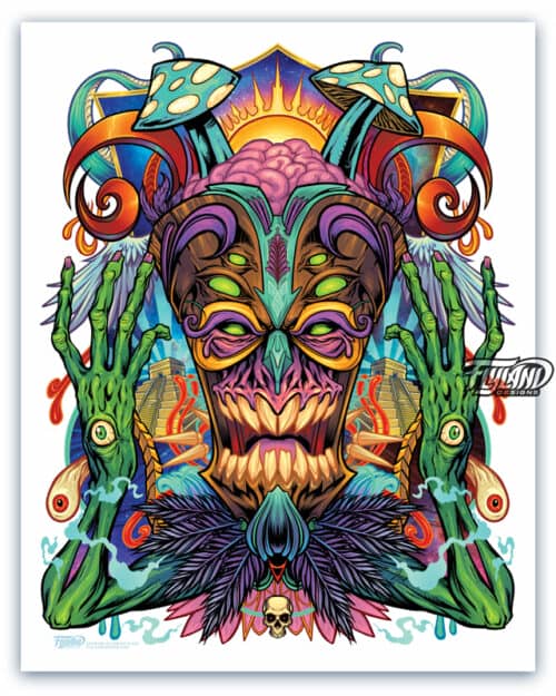 A full color illustration of an evil magical tiki mask surrounded by psychedelic imagery and visions of faraway places and things.