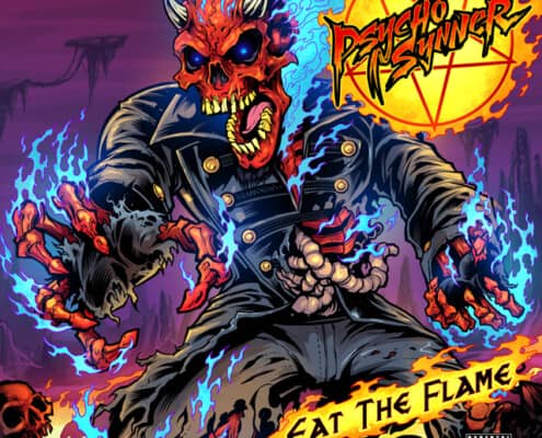 An album cover that I designed for Psycho Sinner’s album, Eat the Flame. It's a ready Skeleton devil lit in blue flames