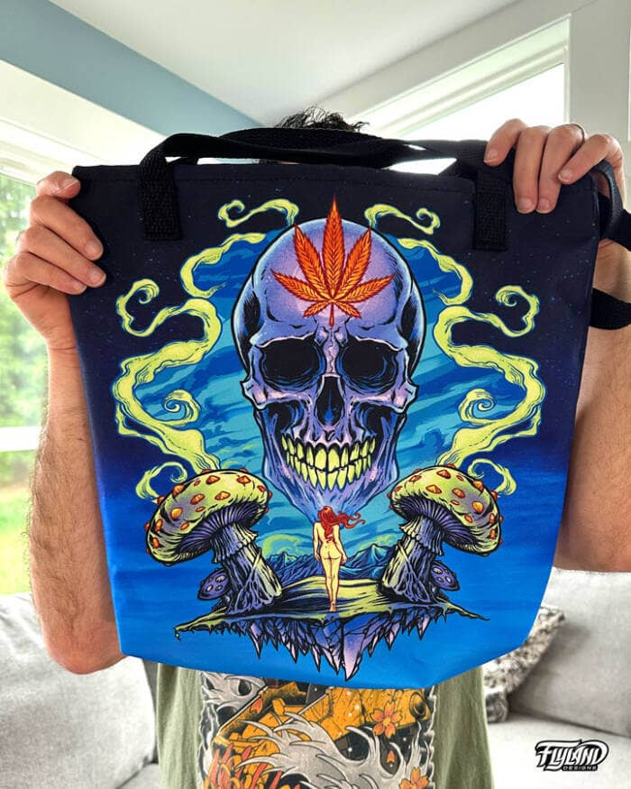 Purple Cannabis Skull with mushrooms and woman Tote Bag printed with full color Artwork by Brian Allen