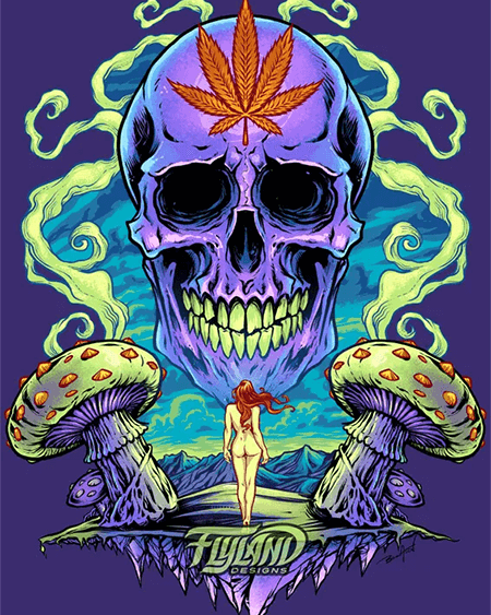 Psychedelic purple skull surrounded by mushrooms