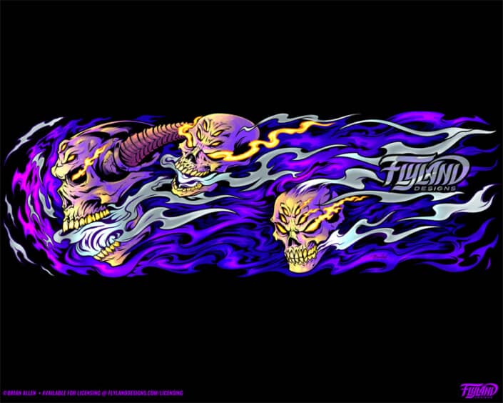 Three human skulls are enguylfed in purple flames. The skulls appear to be moving to the left. Illustration by Brian Allen