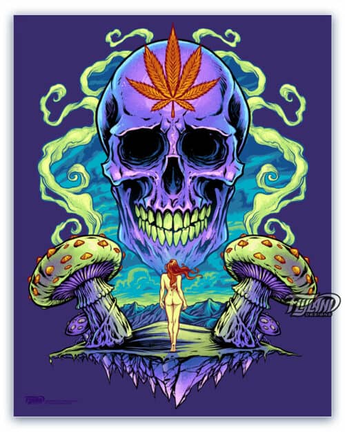 A full color illustration of a  purple cannabis skull.