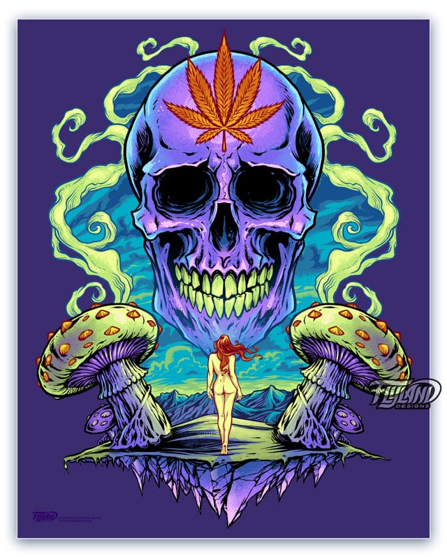 A full color illustration of a  purple cannabis skull.