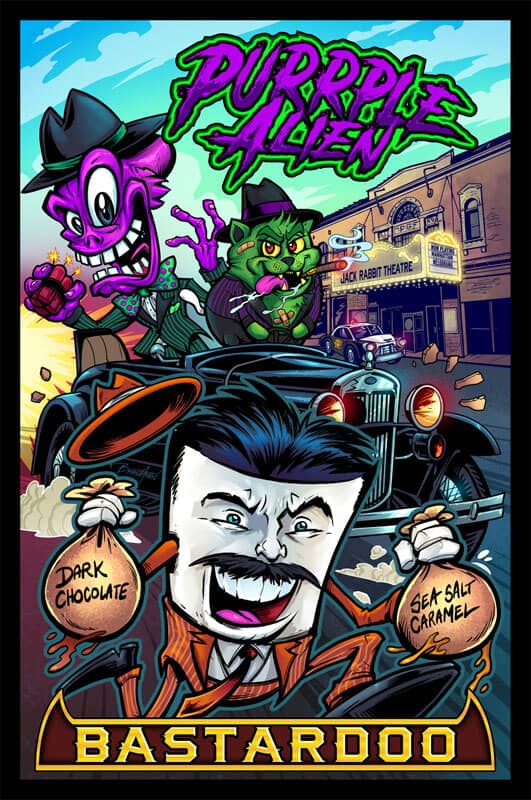 Purple Alien packaging design featuring a group of gangsters stealing chocolate., drawn by artist Brian Allen