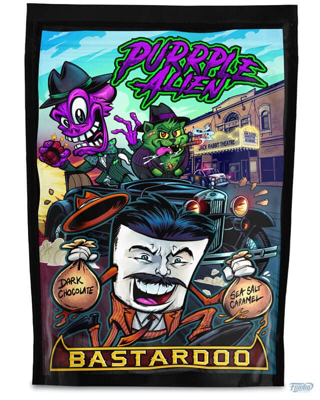 Purple Alien packaging design featuring a group of gangsters stealing chocolate., drawn by artist Brian Allen