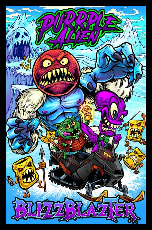 Purple Alien packaging design featuring the abominable snowman and critters on a snowmobile, drawn by artist Brian Allen