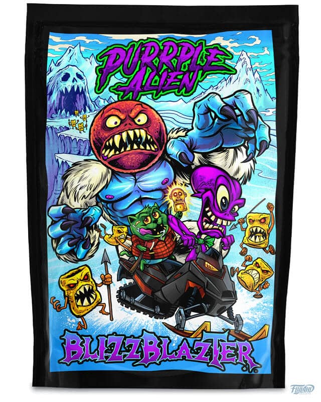Purple Alien packaging design featuring the abominable snowman and critters on a snowmobile, drawn by artist Brian Allen
