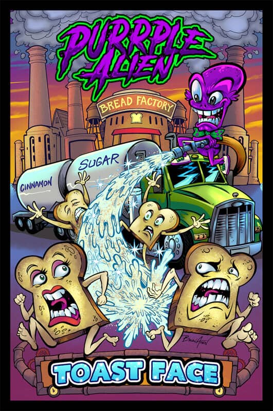 Purple Alien packaging design featuring a creature hosing down slices of bread with sugar and cinnamon, drawn by artist Brian Allen