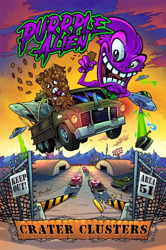 Purple Alien packaging design featuring the mascot kidnapping a chocolate bar while running from the cops, drawn by artist Brian Allen