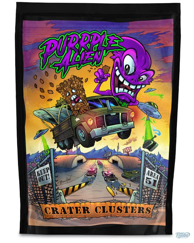 Purple Alien packaging design featuring the mascot kidnapping a chocolate bar while running from the cops, drawn by artist Brian Allen