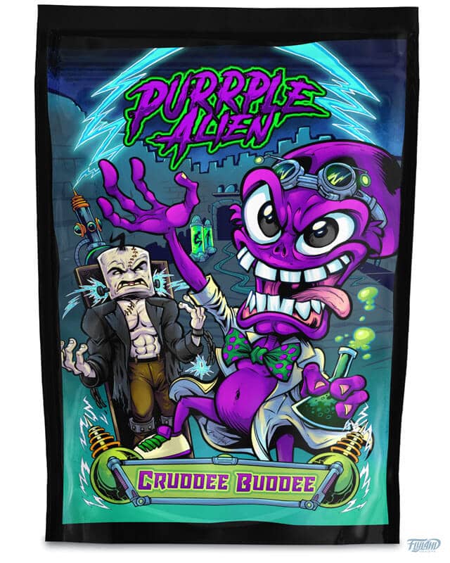 Purple Alien packaging design featuring the mascot roasting a marshmallow Frankenstein. Artwork by Brian Allen.