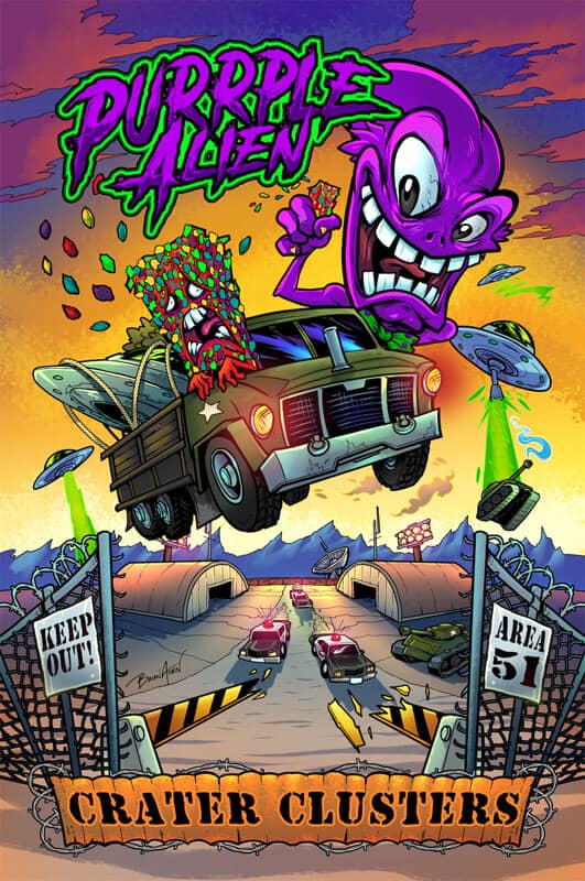Purple Alien packaging design featuring a purple alien fleeing area 51 with a candy bar, drawn by artist Brian Allen