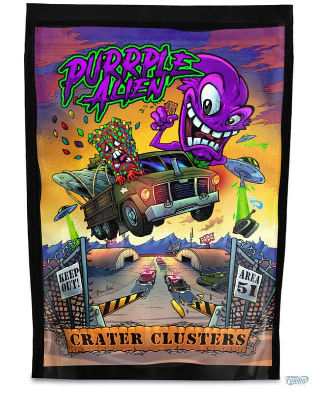 Purple Alien packaging design featuring a purple alien fleeing area 51 with a candy bar, drawn by artist Brian Allen