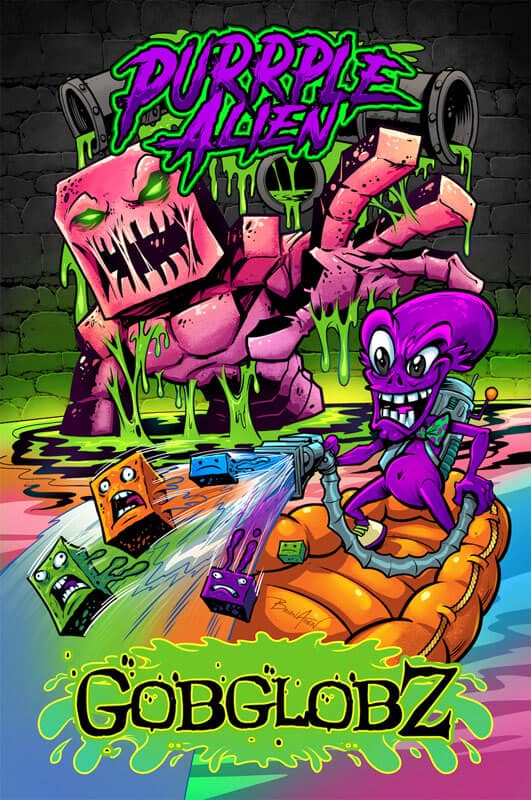 Purple Alien packagin gdesign featuring a purple alien collecting colorful squares with a giant monster in the background, drawn by artist Brian Allen