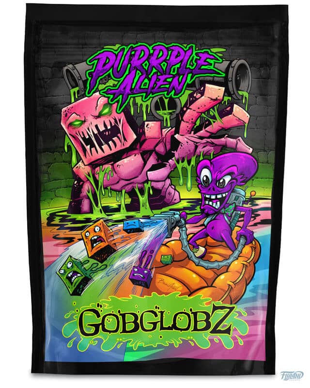 Purple Alien packagin gdesign featuring a purple alien collecting colorful squares with a giant monster in the background, drawn by artist Brian Allen